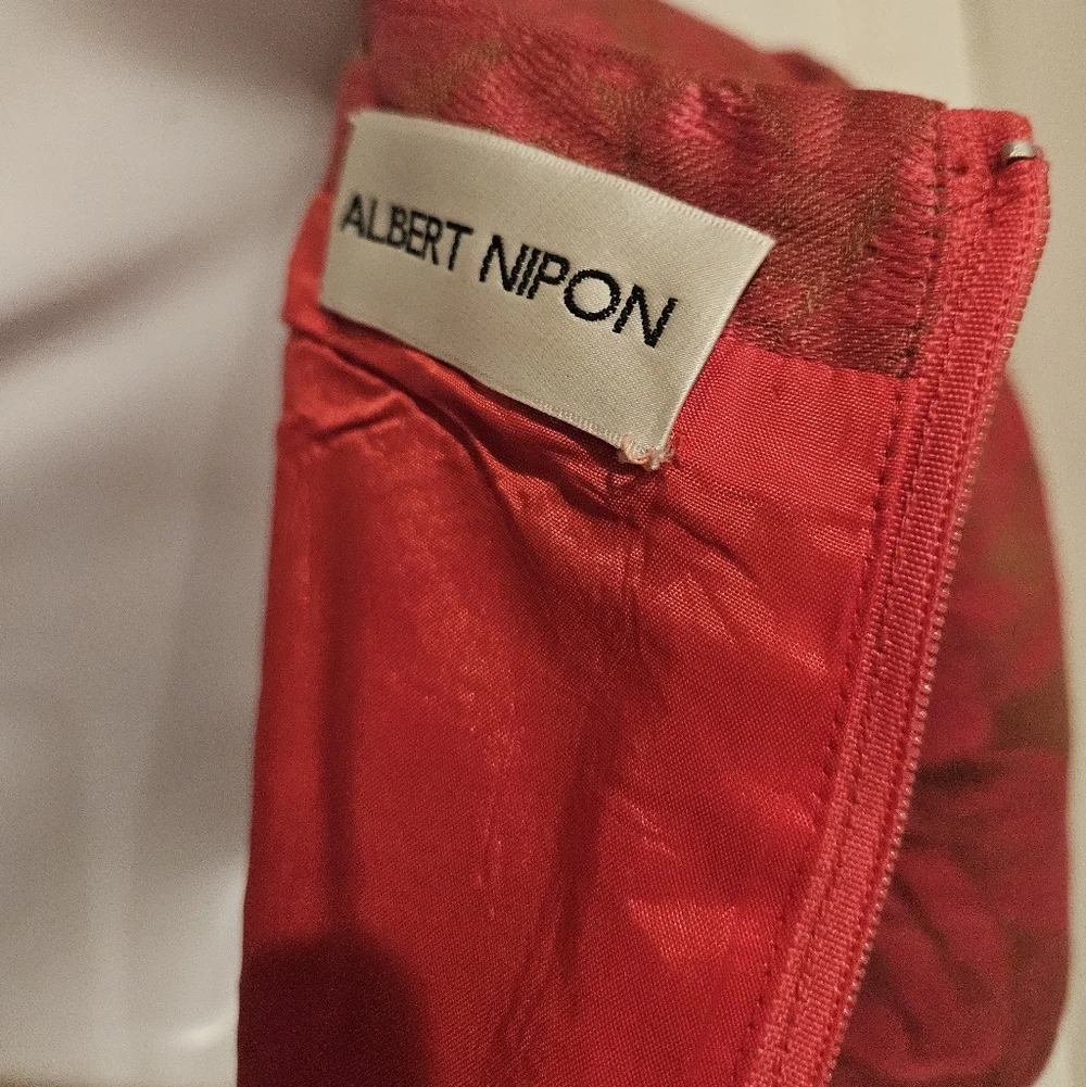 Vintage Albert Nipon Linen Brocade Dress Puffed Sleeves Floral Red